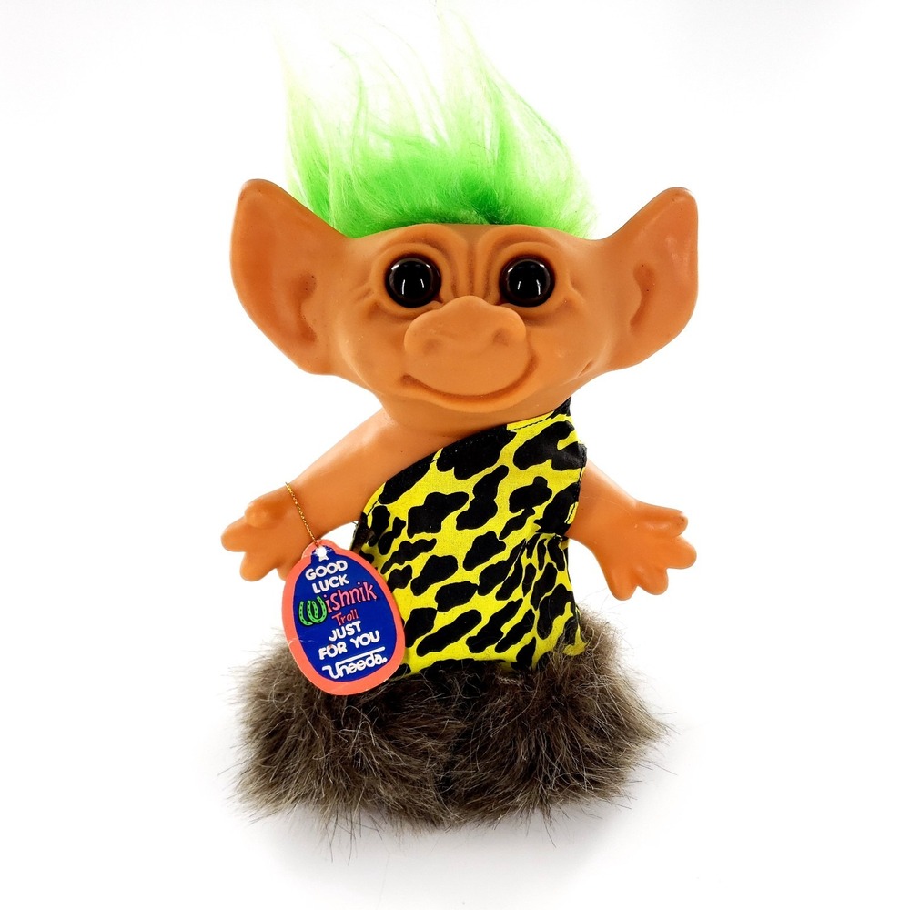 Vintage 1981 Uneeda Wishnik Caveman Troll Doll 8" Green Hair Leopard Outfit